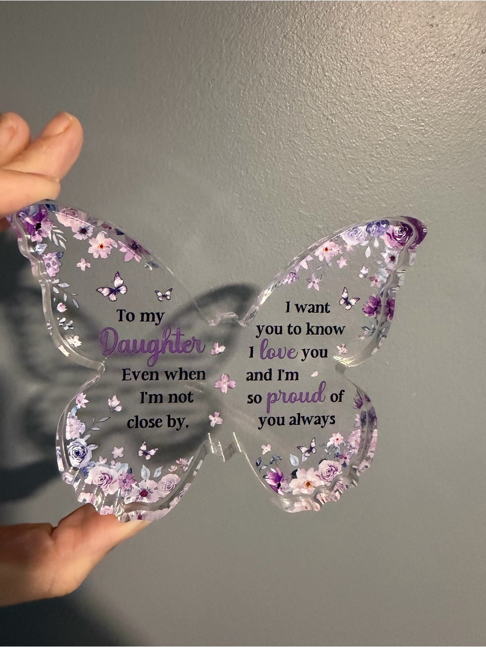 Clear Butterfly Wall Plaque - Purple Floral "To My Daughter"